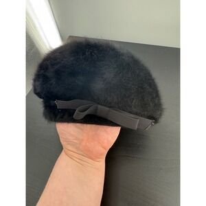 Kangol Black Furry Angora Beret‎ Bow Detail Made in England Vintage Y2K